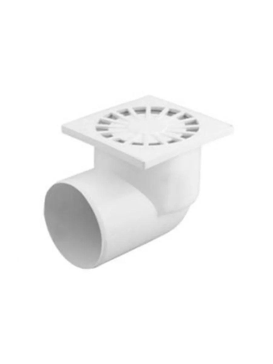 Трап горизонтальный 150х150, D110, пластиковая решетка, сухой (белый)