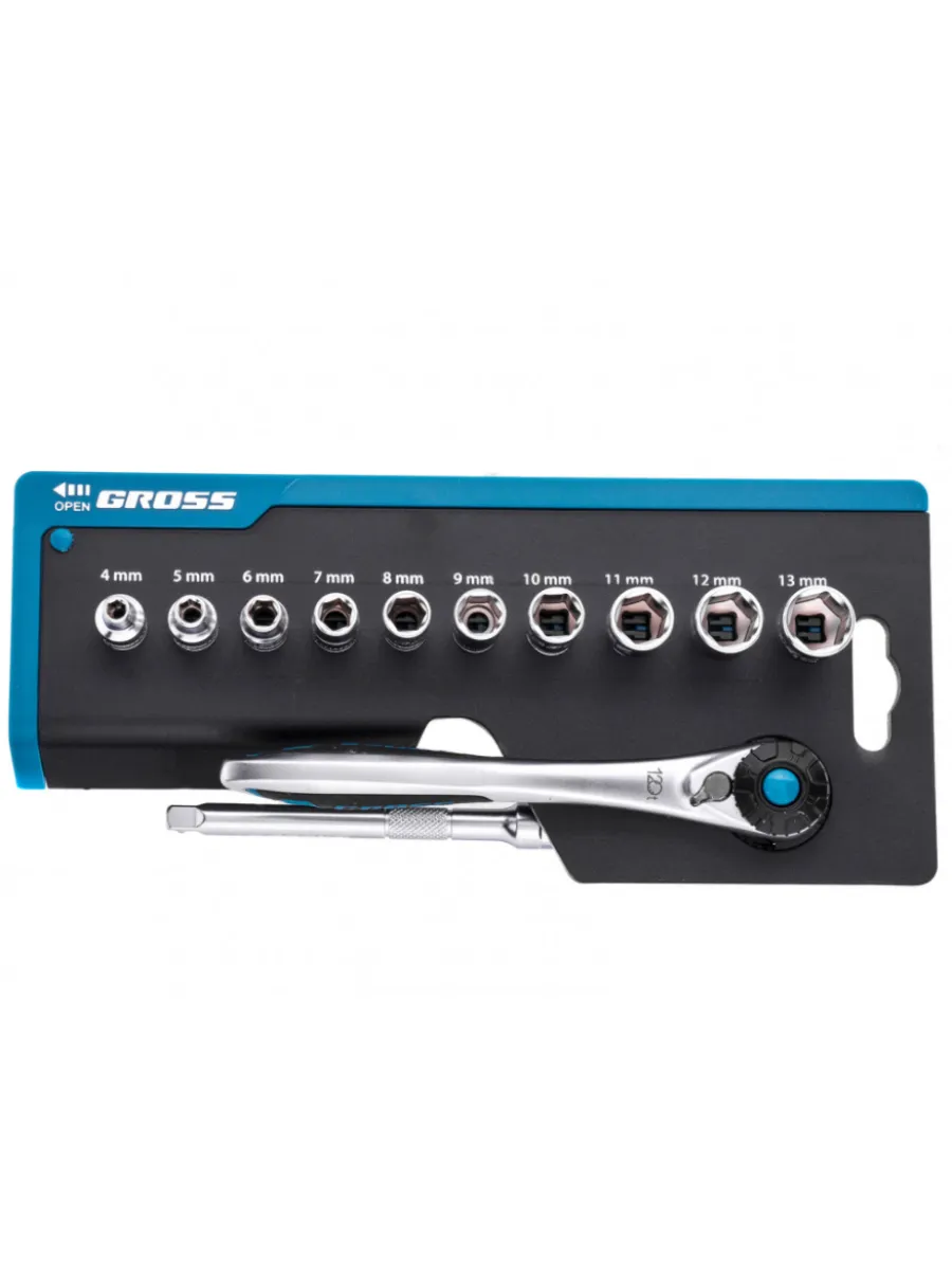 Набор торцевых головок 1/4", головки 4-13 мм, трещотка 120 зубьев, 12 предметов Gross