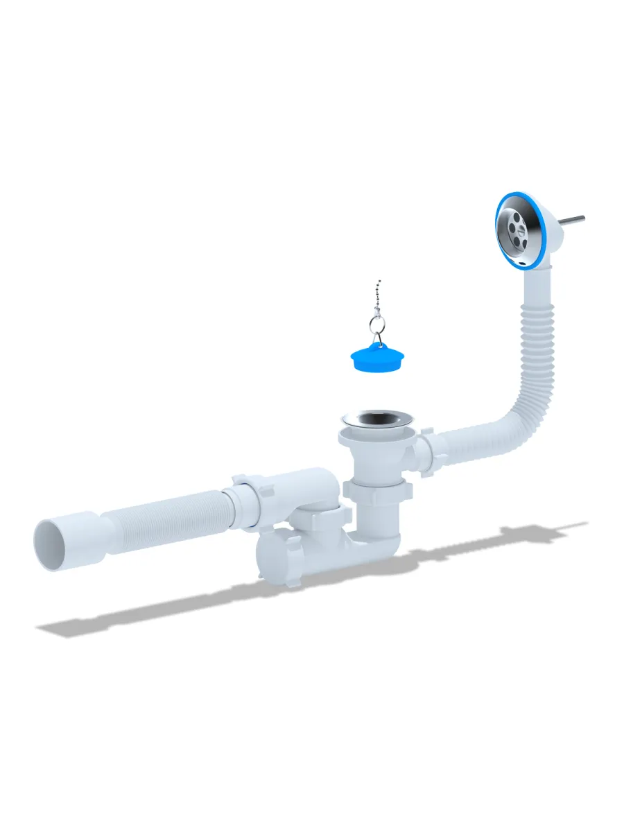 Сифон АНИ для ванны регулируемый с выпуском 1 1/2"х40, с переливом, с гибкой трубой 40/50