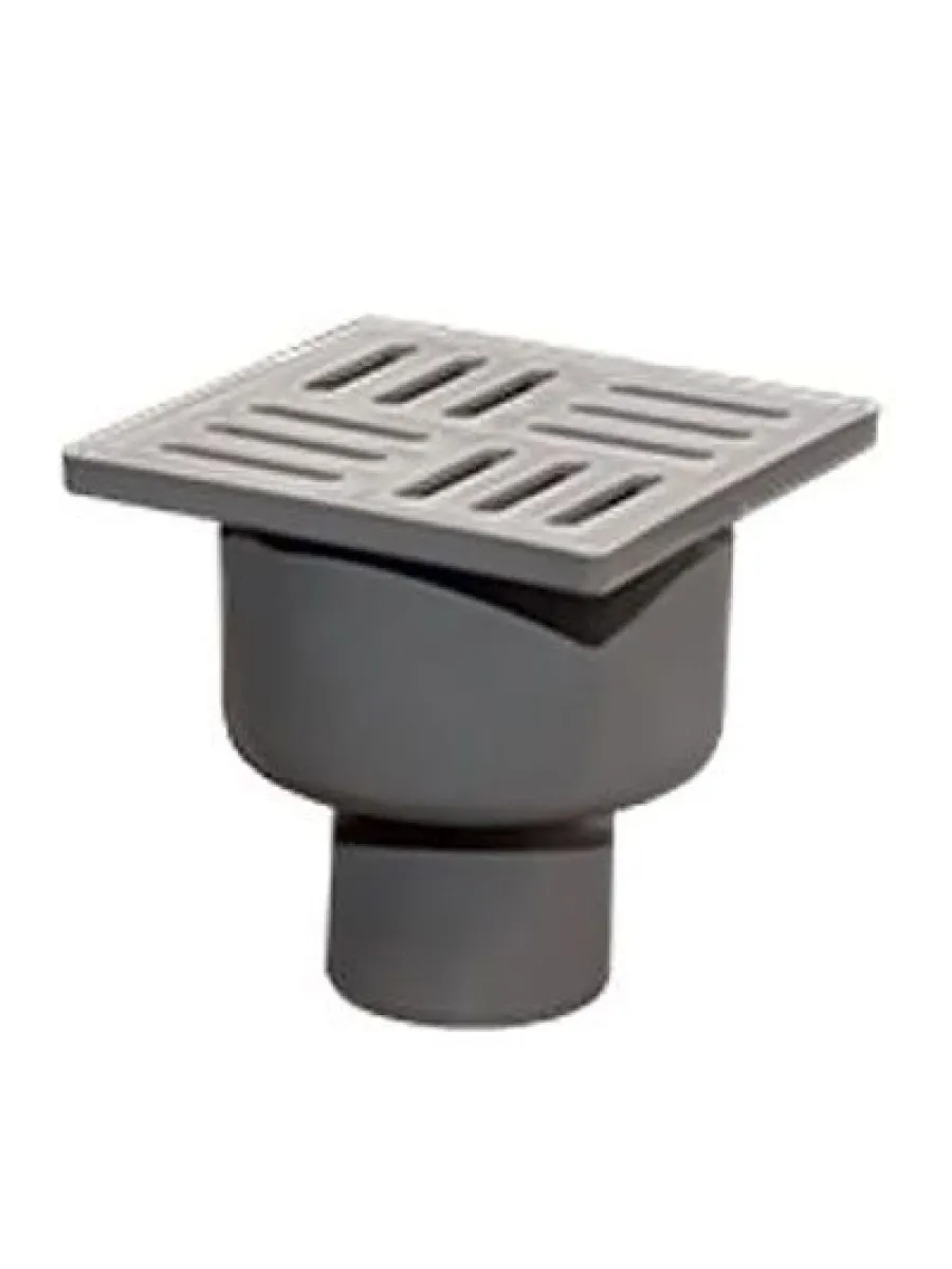 Трап вертикальный 100х100, D50, с пластиковой решеткой, сухой (серый)