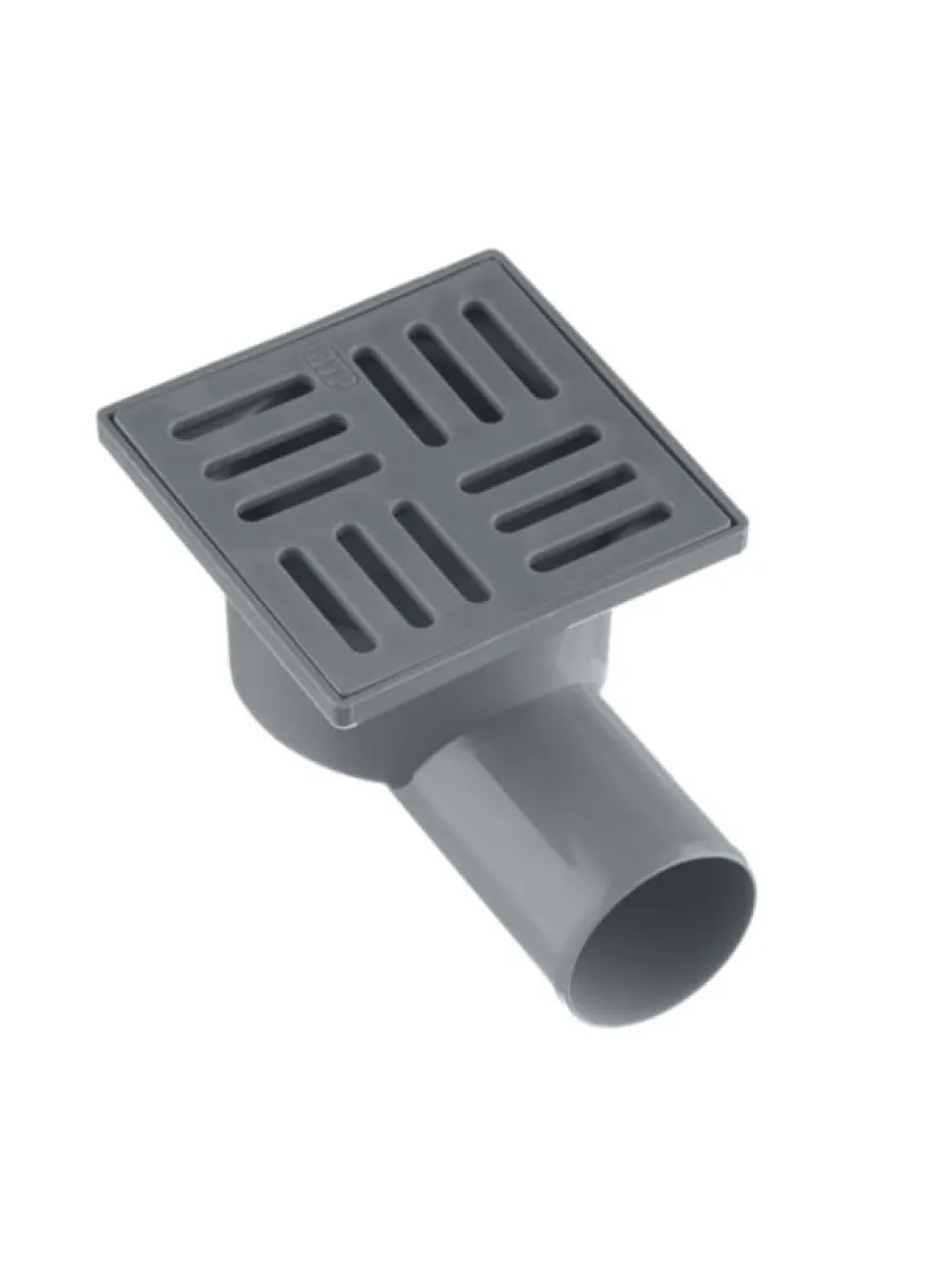 Трап горизонтальный 100х100, D50, пластиковая решетка, сухой (серый)