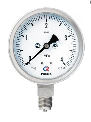 Манометр ТМ-521Р.00 (0-1,0МРа) М20х1,5.1,0 (корпуст нерж.сталь, устойчив к воздействию агрессивных измеряем.сред, с возможностью гидрозаполнения)